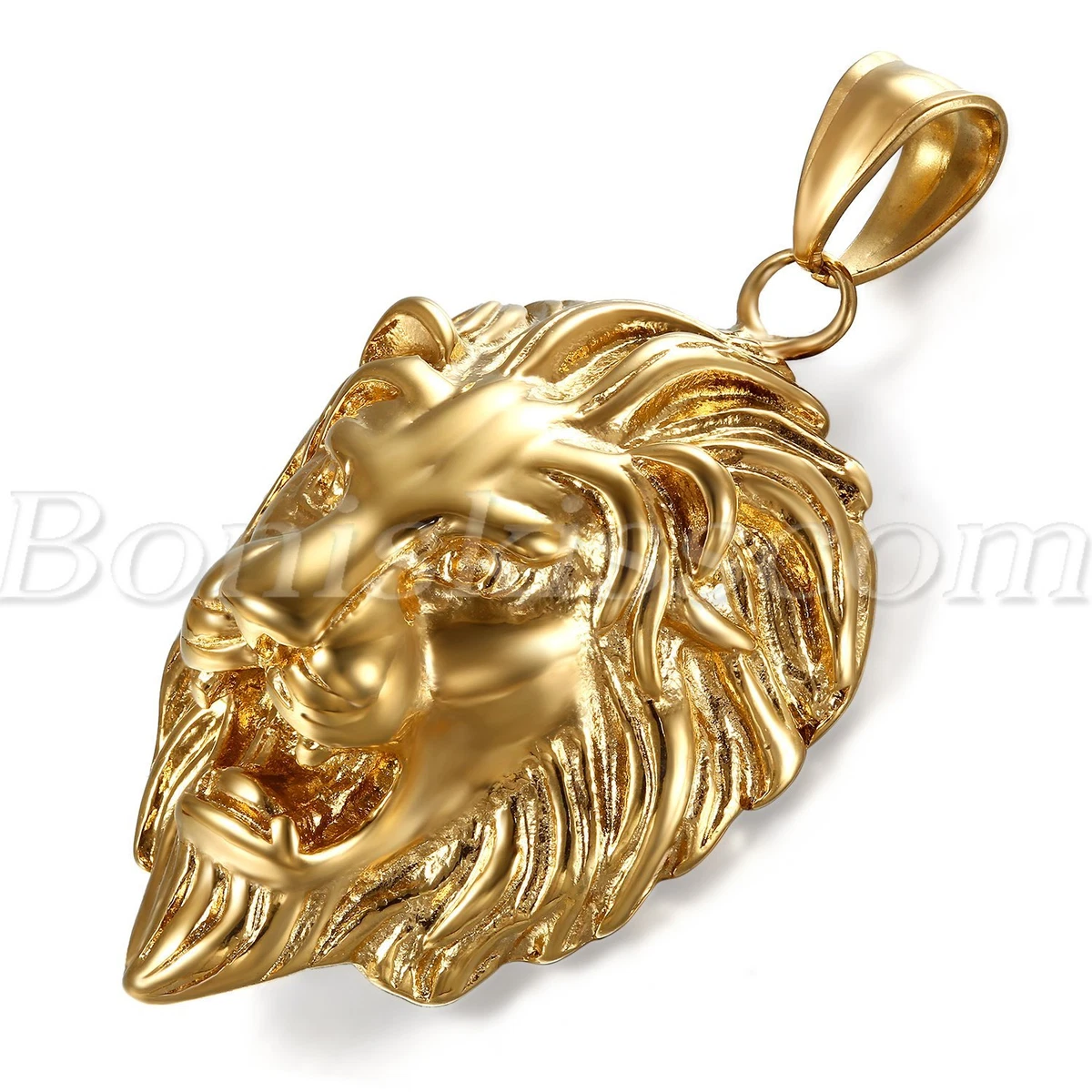 Men s Biker Gold Tone Stainless Steel Lion Head Pendant Necklace