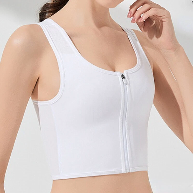 Womens Sports Bra Chest Breast Binder Tomboy FTM Zip Bra Vest Half Flat  Soft Top