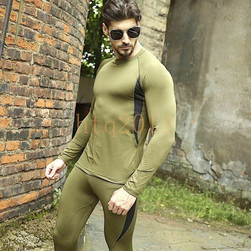 Men Thermal Underwear Clothes Pullover Fleece Warm Brown Military T-shirt  Sets