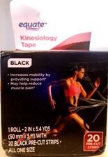 Equate 2" x 5.4 yd Black Kinesiology Sports Tape 20 Pre-cut Strips