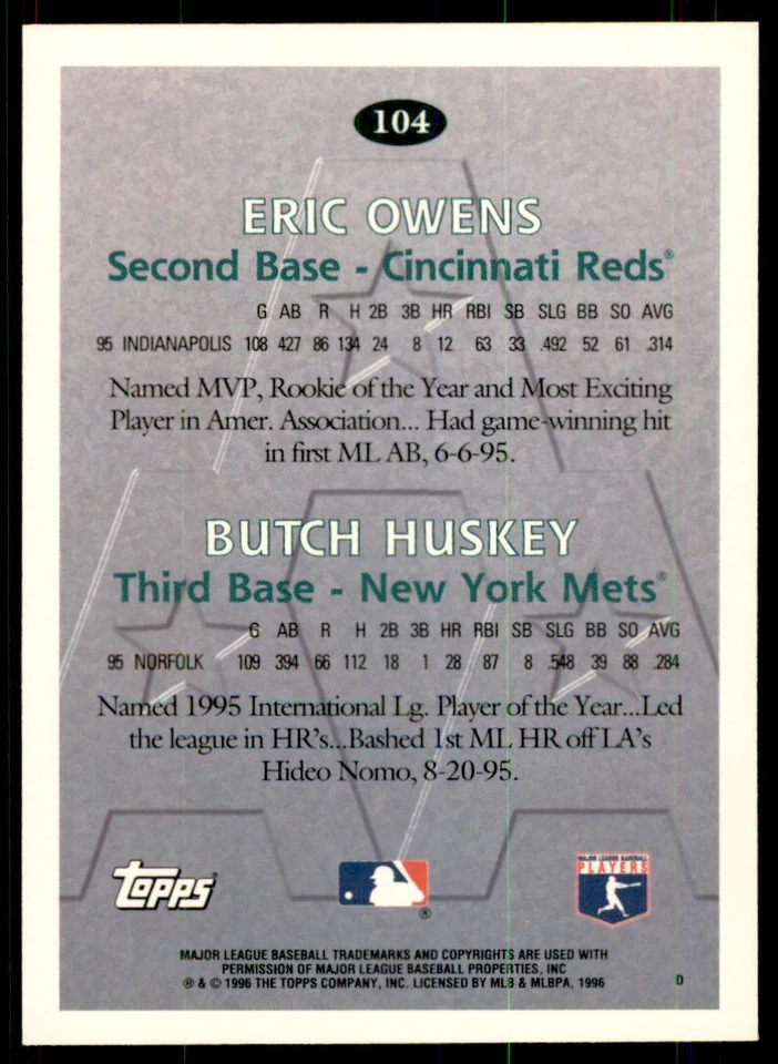 1996 Topps Eric Owens/Butch Huskey A Baseball Cards #104 - Image 2 of 2