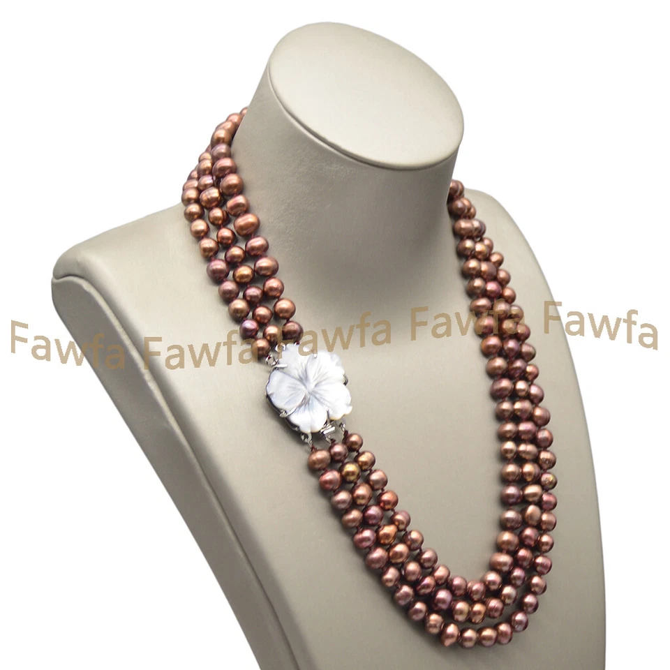 Collar de cuentas de perlas marrones de agua dulce naturales de 3 filas de 7-8 mm 17-19"" Foto 2 de 4