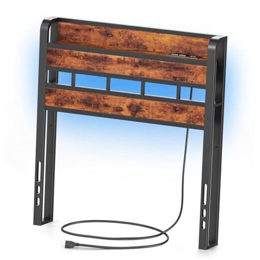 Industrial Twin Wood Headboard with LED Lights - No Bed Frame  -image