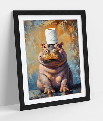 NILPFERD MIT TOILETTENPAPIER AUF DEM KOPF - GERAHMTES WANDBILD POSTER PAPIERDRUCK