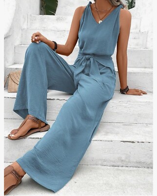KEjey  women s Sleeveless Tie Front Wide Leg Jumpsuit Romper Size Medium Mrsp$49