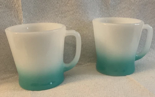 Pair of Vintage Anchor Hocking Fire King Glass Mug Turquoise Ombre Fade 3 1/4"