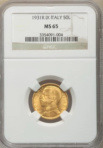 ITALY  1931-R  YR. X  50 LIRE GEM UNCIRCULATED GOLD COIN, NGC CERTIFIED NGC MS65
