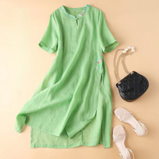 Women Short Sleeve Dress Side Slit Thin Retro Frog Button Midi Chinese Party Fit