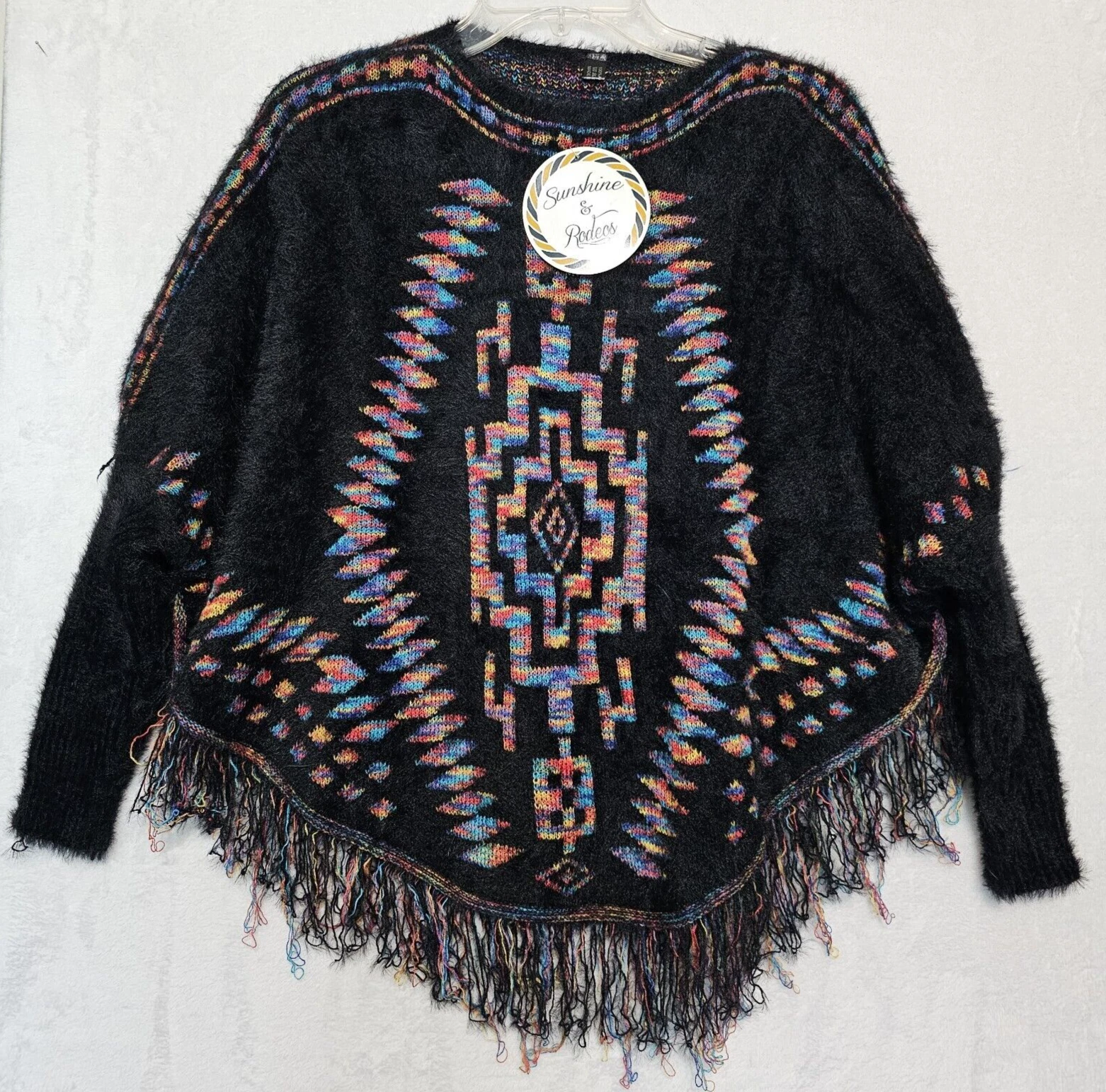 NWT Sunshine & Rodeos Sweater Poncho Aztec Design Uber Soft Fur-like Knit Sz L