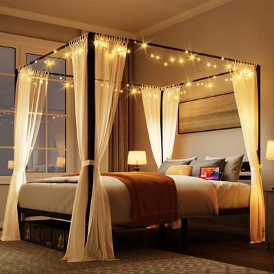 TAUS Canopy Bed Frame with Charge Station & Star-Shaped LED Light
