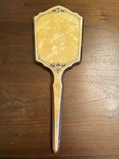 Vintage Art Deco Bakelite Celluloid Vanity Hand Held Mirror Yellow Marbled 15