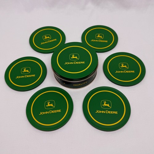 Set of 6 Country Farmhouse Style John Deere Metal & Cork Coasters with Tin Case