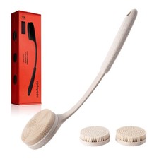 Silicone Back Scrubber for Shower with Long Handle and 3 Brush Heads,Beige