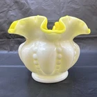 Vintage Fenton Yellow Beaded Melon Double Ruffled Vase.