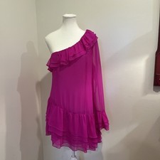 NWT $525 LoveShackFancy Darling One Shoulder Mini Dress Size 12  Flirty Fuschia