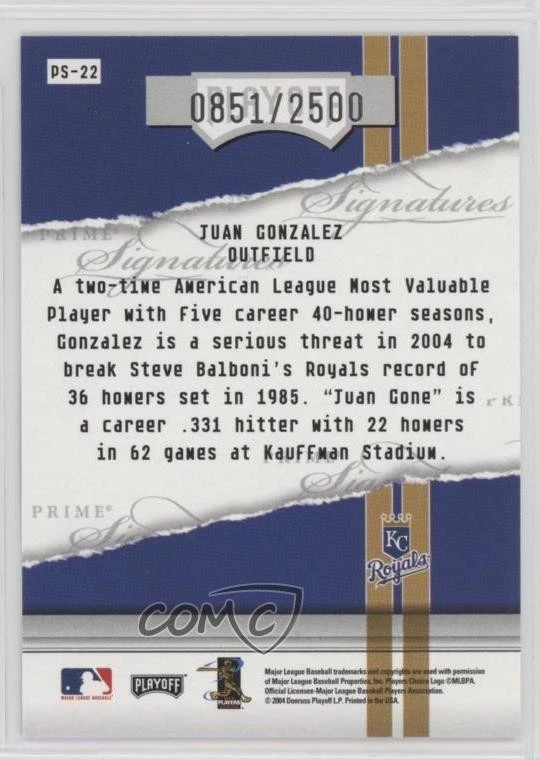 2004 Playoff Honors Prime Signatures /2500 Juan Gonzalez #PS-22 - Image 2 of 2