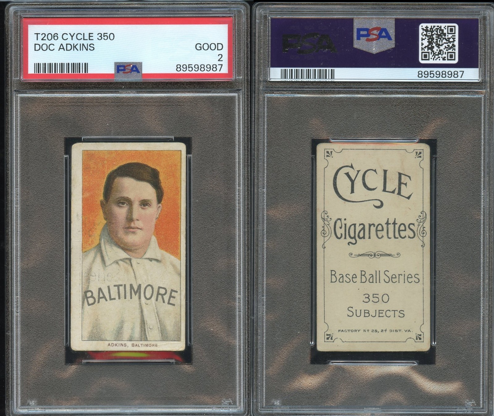 T206 Doc Adkins tough card ~~ PSA 2 SHARP ~~ Cycle 350 rare back Orioles star