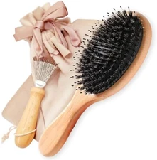 Boar Nylon Hair Brush Set with Cleaner Bamboo Anti Static Shine Scalp Care Gift