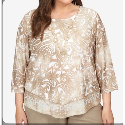 Alfred Dunner Mulberry Street Paisley Burnout Top 1X Latte 3/4 Sleeve