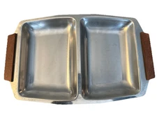 MCM  Stainless Steel Wood Handle Double Serving Tray Mid Century Modern