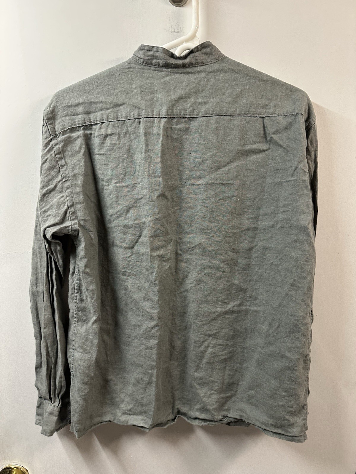 Muji 100% Linen True Hemp Stand Band Collar Button Up Long Sleeve Shirt Gray Xs