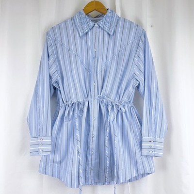 Damson Madder Romy Waisted Shirt Narrow Business Stripe Blue Poplin UK10(US6)