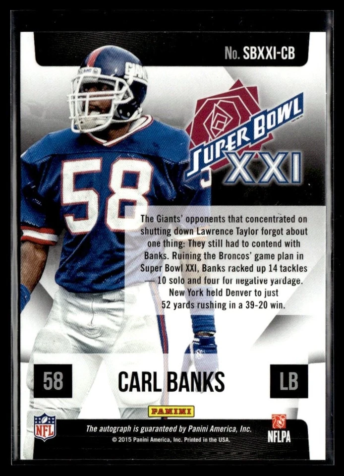 2016 Panini Absolute Super Bowl Signatures Carl Banks Auto New York Giants - Image 2 of 2