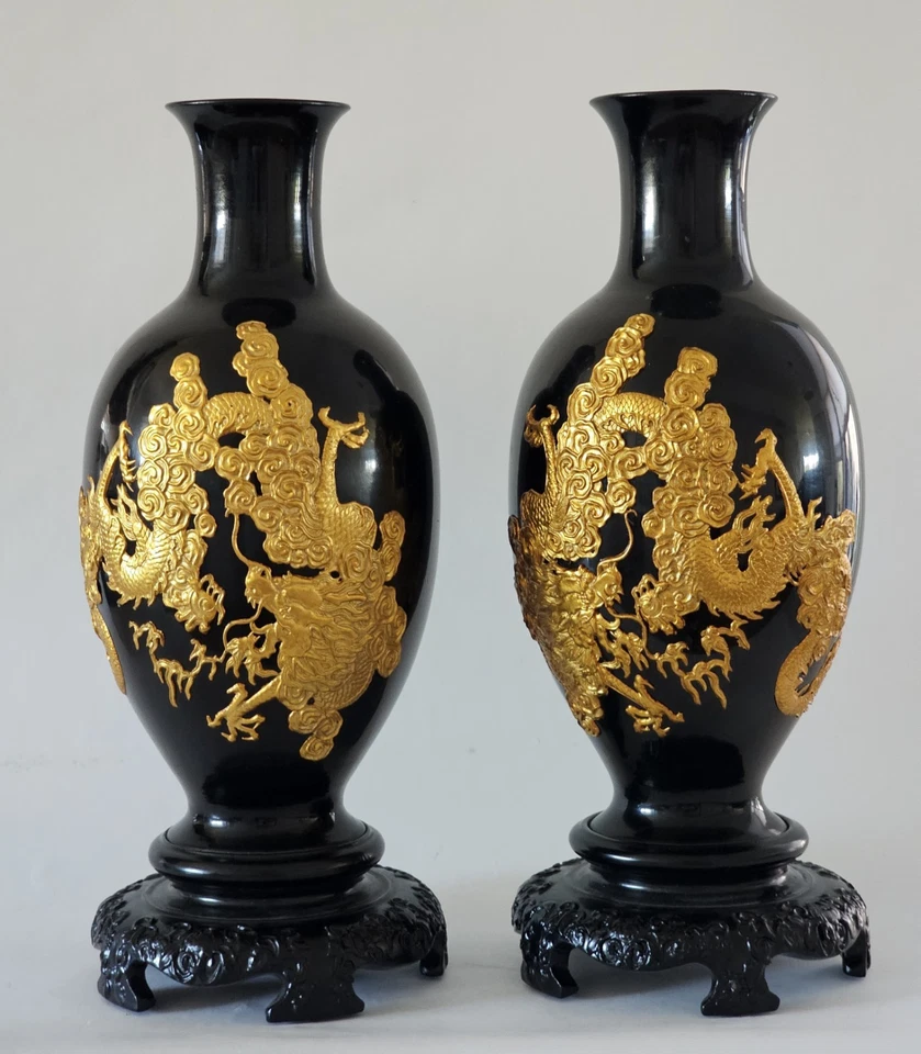 Редкие 2 китайские деревянные взбитые лакированные вазы Foochow с мотивом позолоченного дракона 12 дюймов x 6 дюймов - Изображение 2 из 4