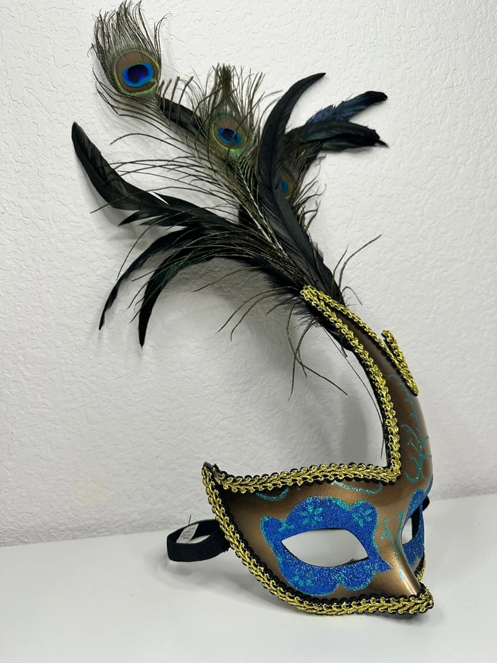 Masquerade Mask Peacock Feathers Gold Blue Glitter Venetian Mardi Gras Party - Image 3 of 4