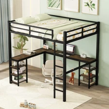 Full Metal Loft Bed with Desk and Shelves, Loft Bed with Ladder and Guardrails