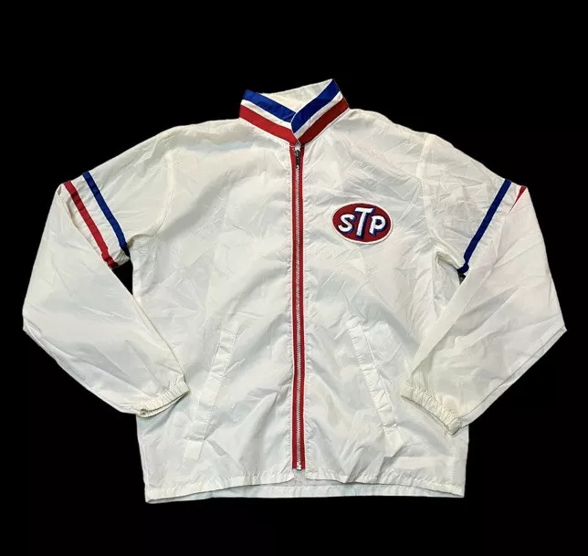 VINTAGE STP Windbreaker Racing Jacket Adult Medium White Nylon Striped Mens 80s