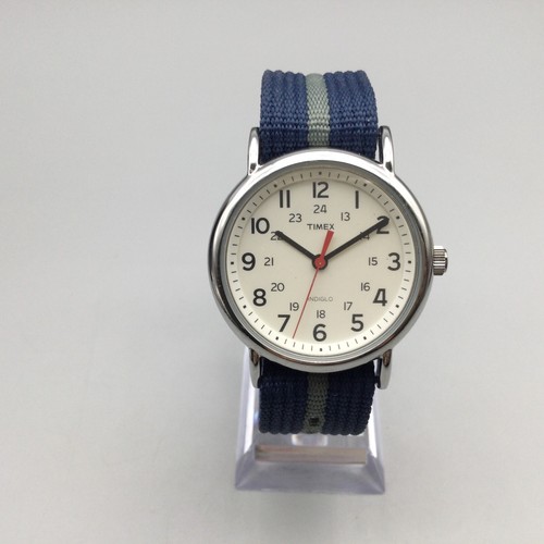 Timex Weekender Watch Men Indiglo 38mm Silver Tone Blue Gray Band New Battery b6 - Picture 2 of 16