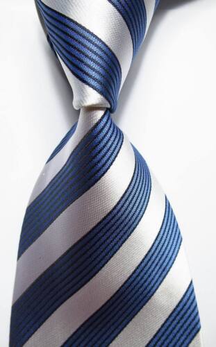New Classic Striped Blue White JACQUARD WOVEN 100% Silk Men's Tie Necktie - Afbeelding 1 van 2