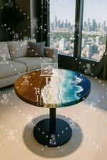 Ocean Resin & Wood Round Table Handmade Coastal Wave Art Epoxy Beach Coffee