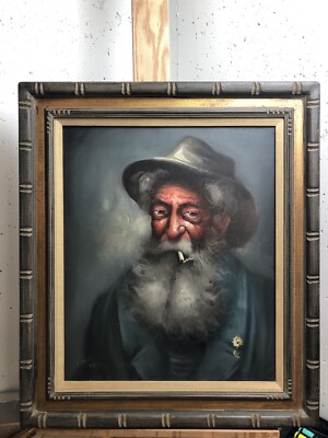 man with cigarette painting old man smoking Joint cigarette Original Oil Painting Framed Signed Vilo  Paris