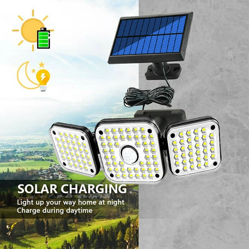 3 Head Solar Shed Light LED PIR Motion Sensor Outdoor Garden Wall