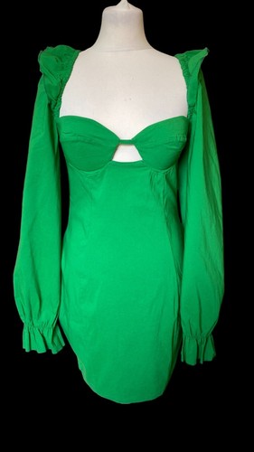 Boohoo Dress Emerald Green Off The Shoulder Puff Sleeve Short Bodycon Size 14 - Picture 2 of 7