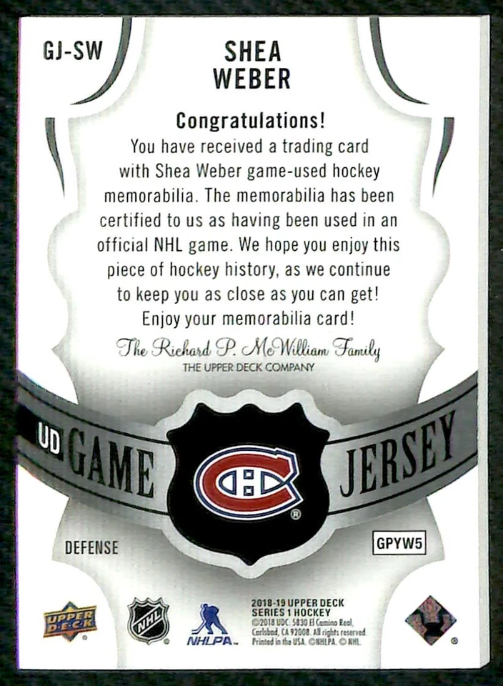 2018-19 Upper Deck UD Game Shea Weber Jersey #GJ-SW Montreal Canadiens - Image 2 of 2