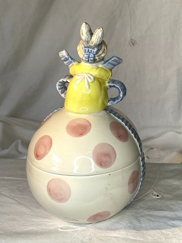 Fitz & Floyd Easter Bunny On Top Pink Polka Dot Egg Treat Holder 1990 Vintage - Picture 4 of 12