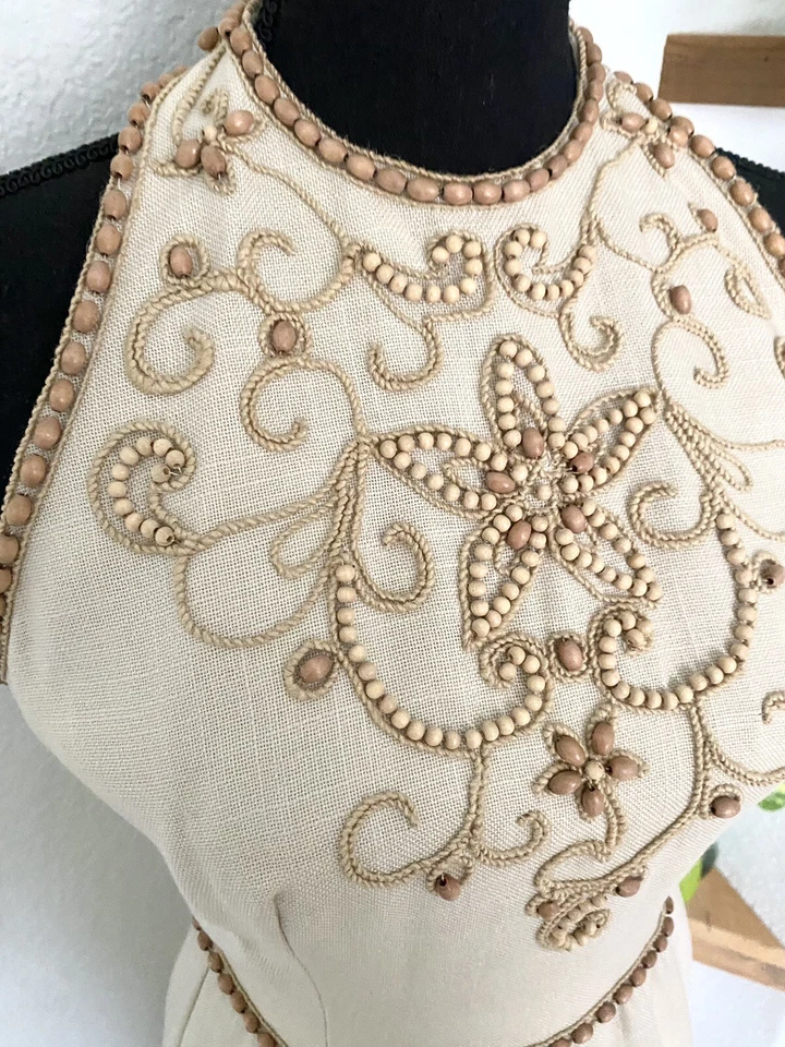 Винтажное платье с бретелью через шею Carlye 70-е льняное вышитое бисером богемное хиппи прибрежное - Изображение 4 из 4