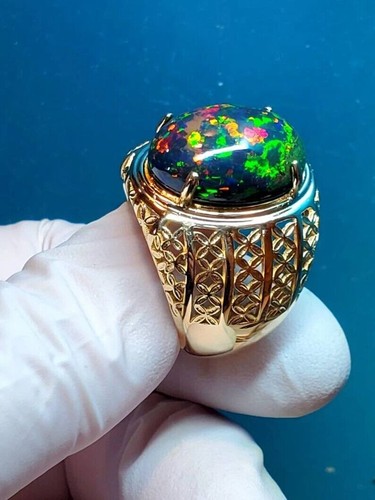 Yellow Gold Plated 7.25Ct Original Black Fire Opal Gemstone Handmade Men Ring - Picture 5 of 7