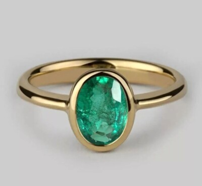 Bezel Set 2Ct Oval Cut GDGL Green Emerald Solitaire Wedding Ring 14K Yellow Gold