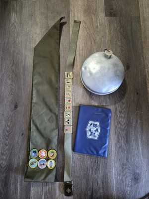 Vintage BSA Boy Scout Belt Merit Badges Sash Handbook Canteen Collectible Set