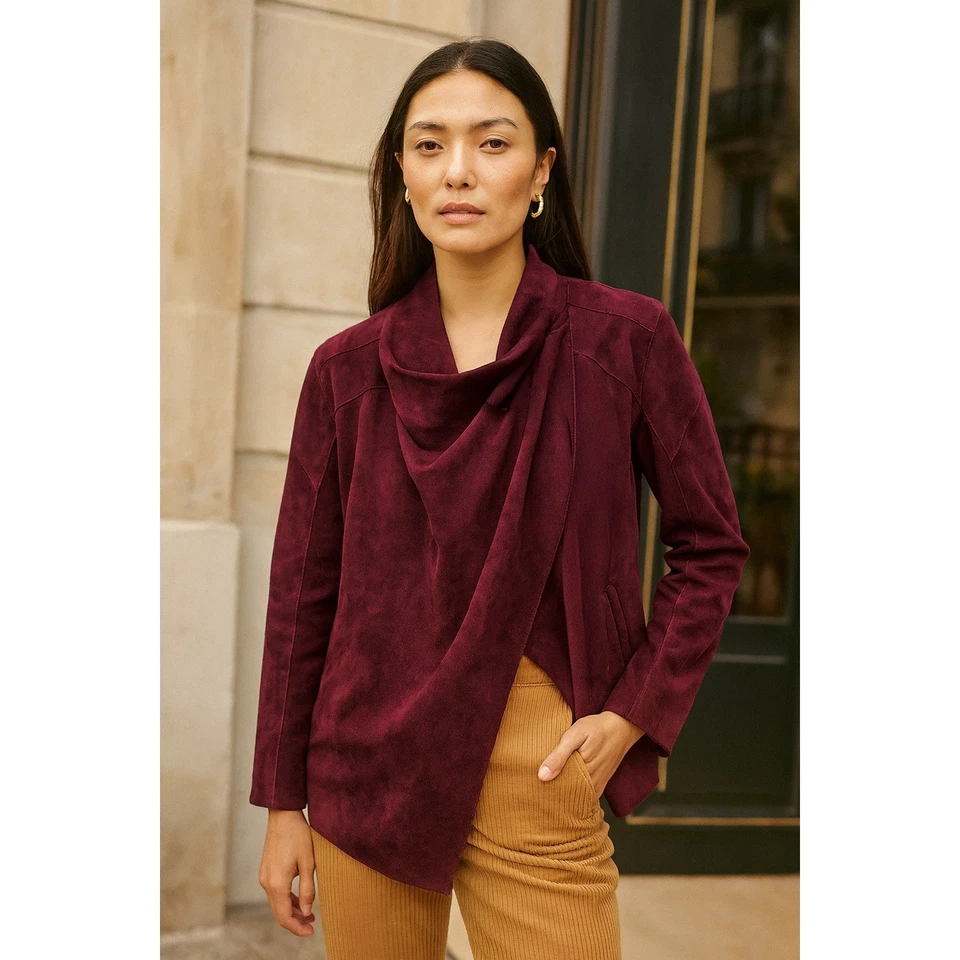 Anthropologie Blank NYC Faux Suede Jacket – Burgundy Drape Front Waterfall Small - Image 2 of 4