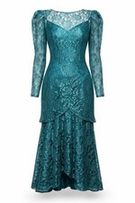 Vtg 80s Teal Lace Overlay Maxi Dress S/M Satin Slip 2pc Wedding Guest Party