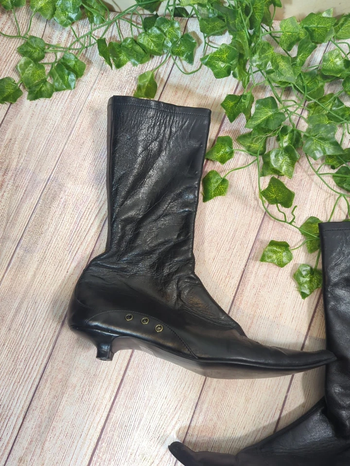 CARLOS CONTI Y2K 复古 80 黑色皮革尖头中跟踝靴 8 — 第 2/4 张图片