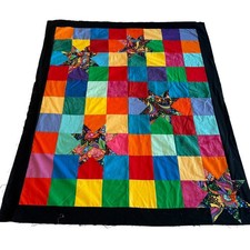 Handmade Rainbow Patchwork Quilt Top Psychedelic Star Applique 41x50 Black Trim