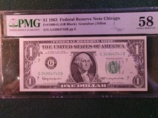 1963 $1 Federal Reserve note PMG 58 EPQ CAU Fr #1900-G