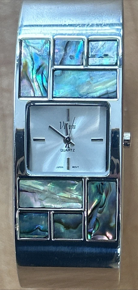 VIVANI Women's Silver Tone Abalone Cuff Bracelet Watch K813 NEW BATTERY RUNS - image 2 of 4