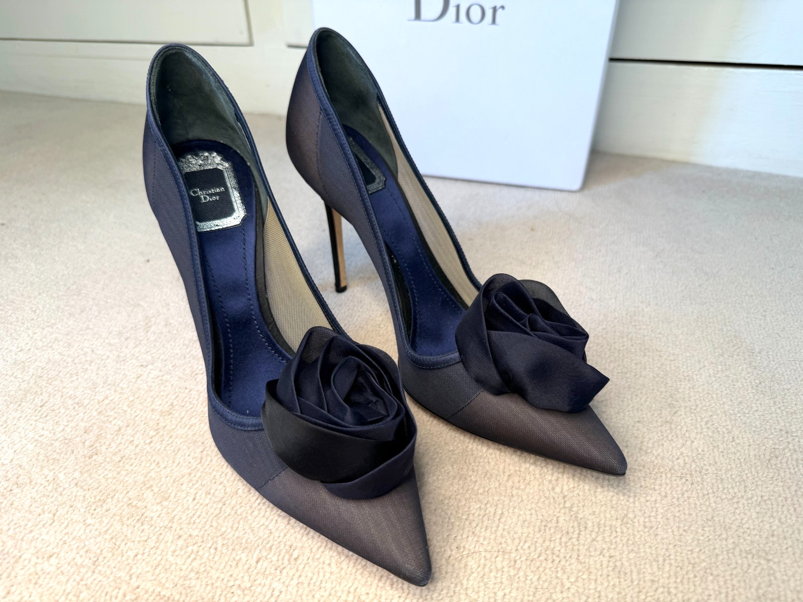 Christian Dior Navy Satin D'Orsay Pumps 40 IT Stiletto Evening Shoes Floral Rose